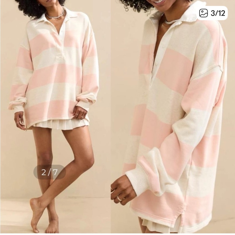 Aerie Prep Rally Rugby Oversized Polo Sweatshirt Pink and White